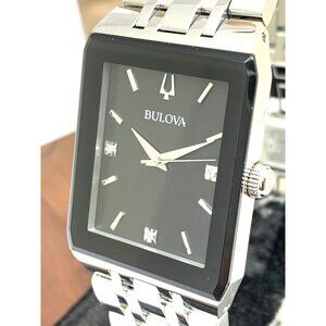 Bulova Men's Watch 96D145 Quartz Diamond Black Dial Rectangle Silver Ste…